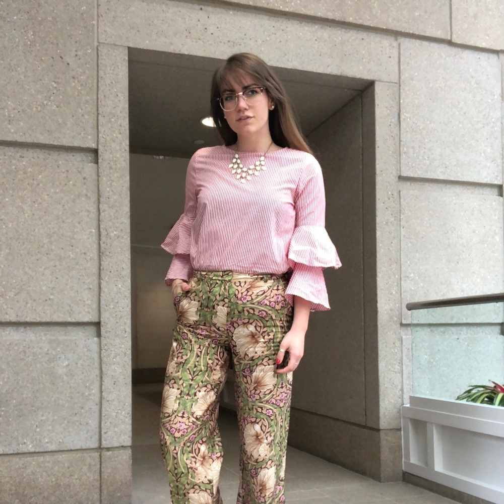 Ruffle Sleeved Pink Stripped Blouse